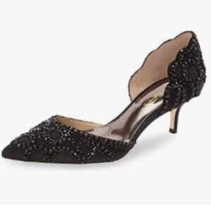 XYD Black Pointed Toe D'Orsay Kitten Heel Rhinestone Studs Slip-On Satin Shoes